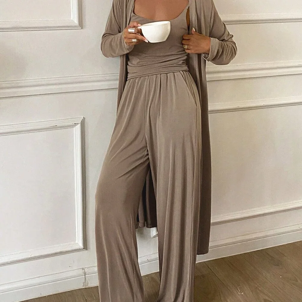 Khaki Casual Women's Camisole Top, Coat and Pants Lounge Wear Set